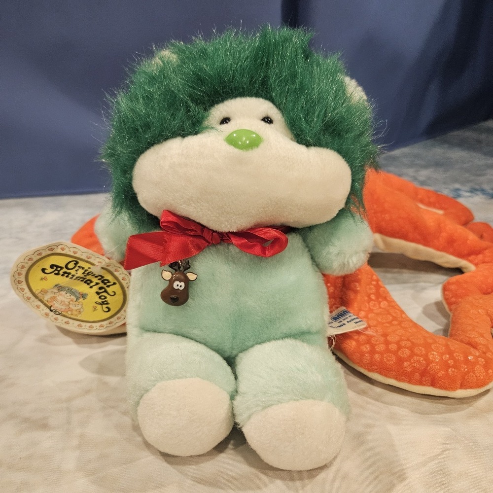 Vintage Green Monkey Plush Original Animal Toy Hang Tag Red Bow 1985